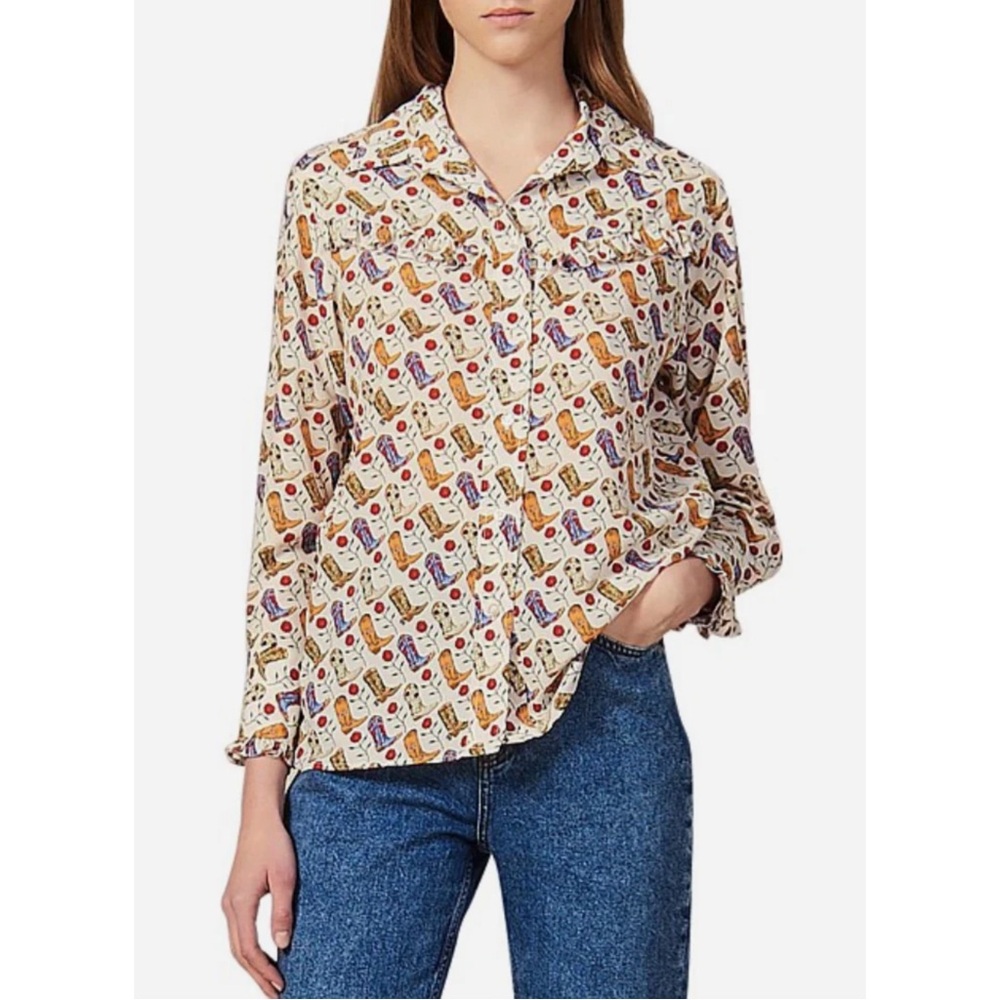 SANDRO Cream Cowboy Boot Printed French Western Ruffle Button Down Shirt Blouse - Picture 6 of 12